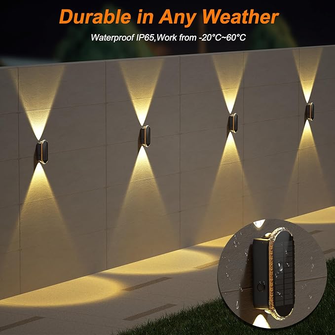Ellasay Solar Fence Lights Outdoor: 6-Pack Solar Powered Wall Lights Up and Down Waterproof IP65-3 Color Brighter LED Focus Lens SolarLights Dusk to Dawn 12h for Patio/Backyard/Porch/Railing