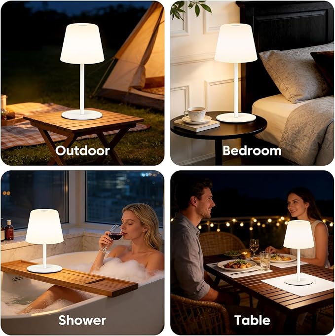 NEEZUKAR Cordless Table Lamp for Bedroom,Rechargeable IP65 Waterproof Shower Lamp with 4000mAh Battery, Touch Dimmable LED Desk Light for Bathroom,Kitchen,Outdoor Patio (White)