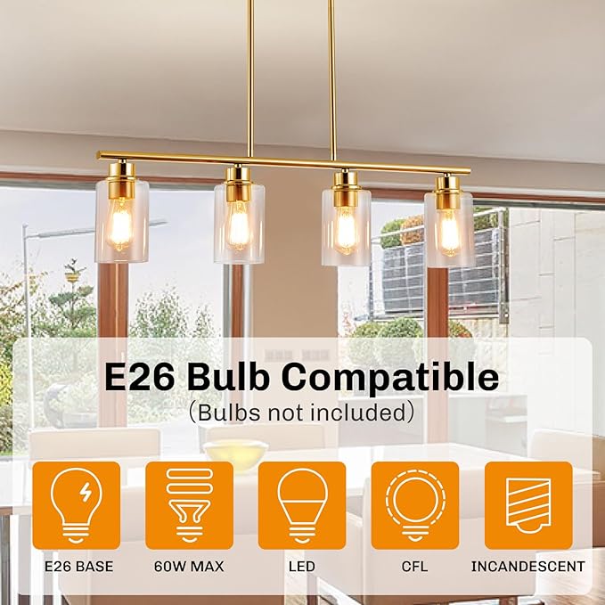 mavcadonf Kitchen Island Light, 4-Light Pendant Lighting, Farmhouse Industrial Dining Room Light Fixtures for Kitchen Island Dining Living Room, Brushed Gold with Clear Glass Shade