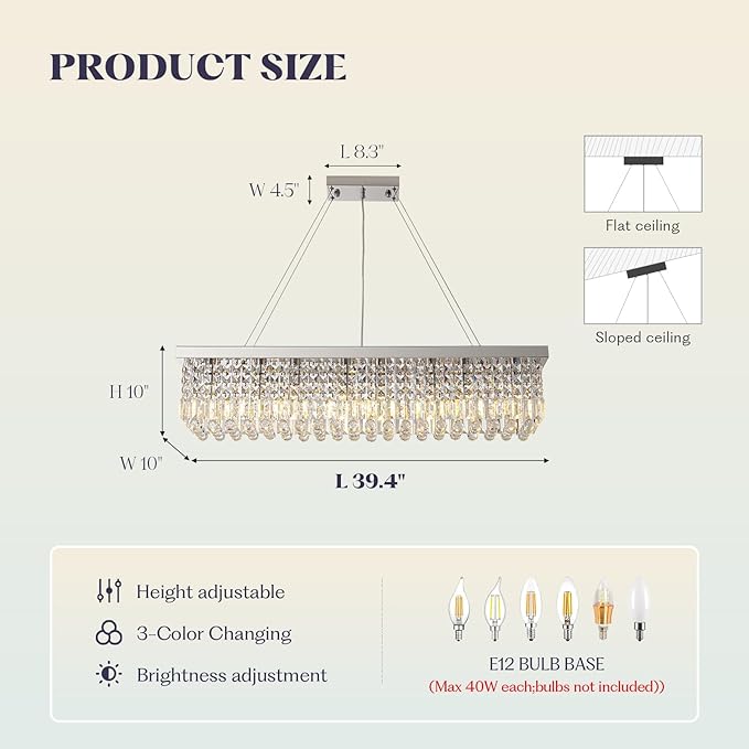 Modern Rectangular Crystal Chandeliers,8 Lights Rectangular Pendant Light Fixture,Adjustable Height K9 Crystal Chandelier for Dining Room L40''xW10''xH10''
