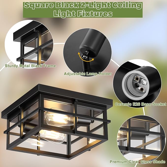 2-Light Black Flush Mount Ceiling Light, Farmhouse Kitchen Lighting Fixtures with Clear Glass, Outdoor Porch Lights Ceiling Mount, Square Hallway Light Fixtures for Bedroom Living Room Balcony