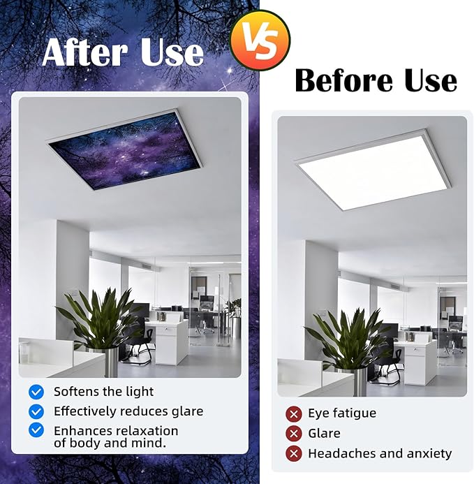 2 x 2 Feet Fluorescent Light Covers - 4 Pcs Covers for Ceiling Lights, Magnetic Light Filters for Classroom, Office, Hospitals, Home (Purple Forests & Starry Sky)