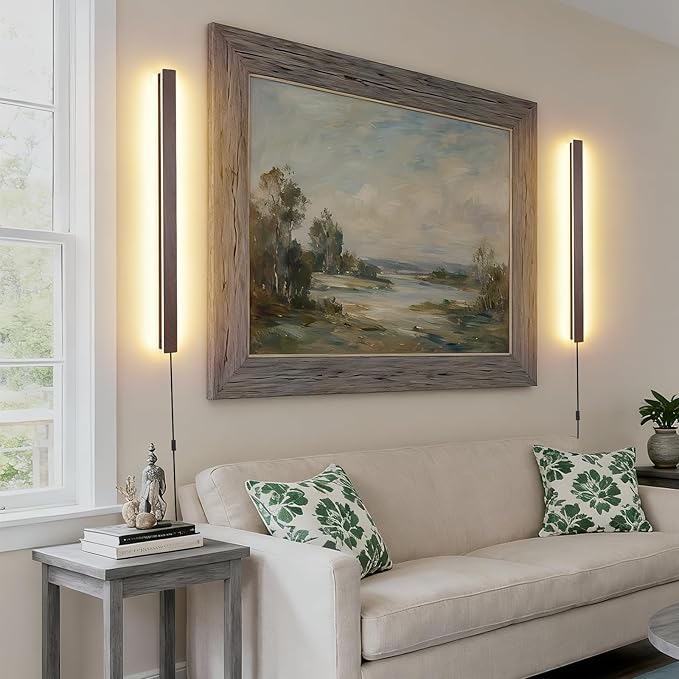 KELUOLY Farmhouse Plug in Long Wall Sconce, 31.4 inch Faux Walnut Finish LED Wall Lights, 16W Warm White 3000K Acrylic Indoor Wall lamp, with 59" Plug Cable for Bedroom, Living Room, Hallway