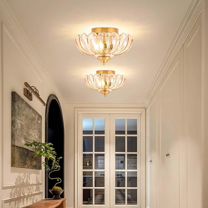 Vintage Ceiling Light,Semi Flush Mount Ceiling Light 9.8 Inch Hallway Vintage Lights Fixture Ceiling E26 Small Amber Glass Ceiling Lighting for Living Room, Bedroom, Dining Room