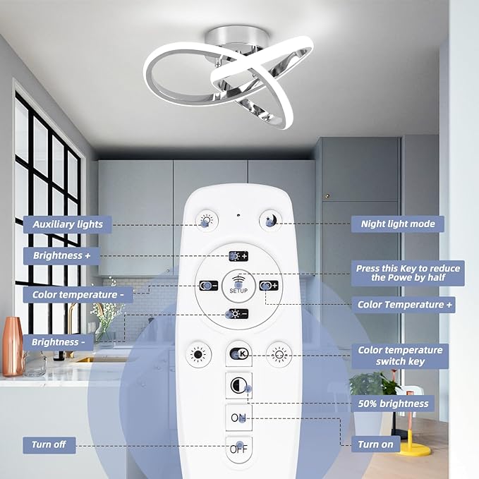 CANEOE Gold Hallway Ceiling Light Fixtures 24W Dimmable LED Ceiling Light with Remote Control Modern Flush Mount Ceiling Lights for Bedroom Bathroom Kitchen Balcony Stair Aisle Ceiling Lamp (Chrome)