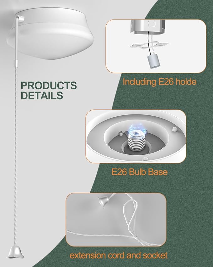 Flush Mount Ceiling Light with Pull Chain Surface Mount LED Light Fixture for Closet, 7 inch 12W 1300lm 125W Equivalent Pull String Light Fixture Ceiling Mount for Laundry, Bedroom, Hallway-2Pack