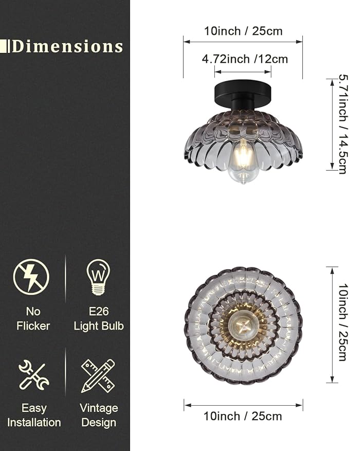 ANYLOVE 10 Inch Smoke Gray Vintage Glass Semi Flush Mount Ceiling Light, E26 Socket for Bedroom Kitchen Hallway Foyer