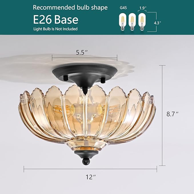 Amber Glass Ceiling Light Fixture - Handcrafted Art Glass Semi Flush Mount with 3 E26 Bulb Sockets, Warm Amber Shade Lighting for Living Room Dining Room Hallway, Vintage Indoor Chandelier