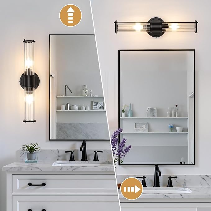 Wall Sconces Set of Two, Black Bathroom Sconces Wall Lighting - Modern Vanity Light Vertical and Horizontal Wall Mount 2-Light Indoor Wall Light for Hallway Living Room(E12 Bulbs Excluded)