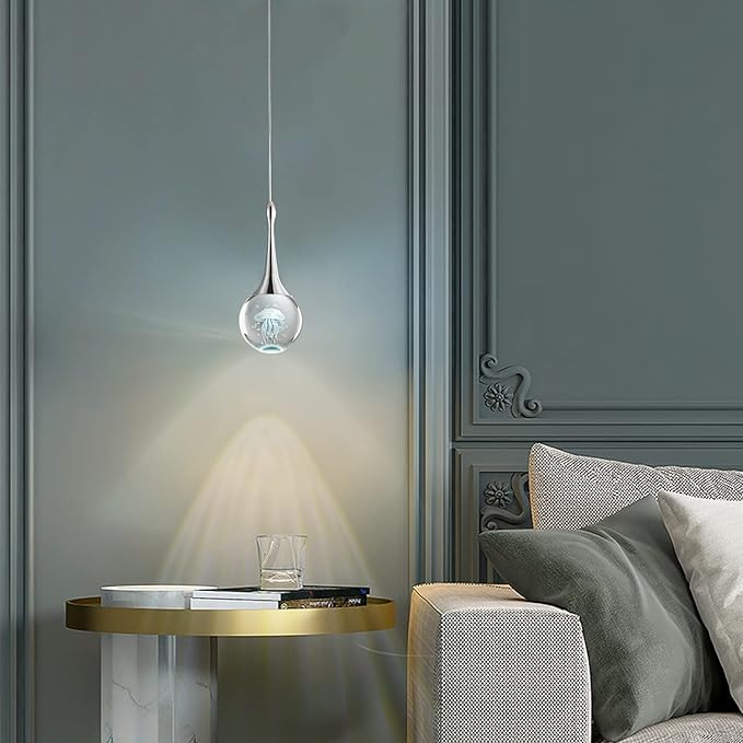 CHYING Pendant Lights Kitchen Island Chrome Modern LED Pendant Light Globe Jellyfish Pendant Lighting Mini Crystal Hanging Light for Dining Room Bathroom Bedroom Bar 6000K Cool White