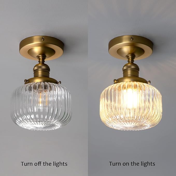 PERMO Small Semi-Flush Mount Ceiling Light Flat Ribbed Glass Shade, Antique Gold Finish, Modern Hallway Lighting Fixture