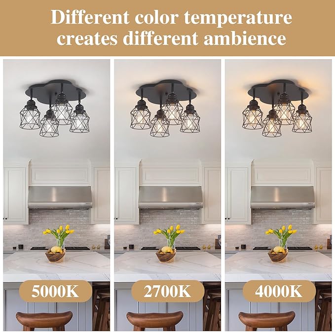 4-Lights Kitchen Light Fixtures Ceiling Mount, Adjustable Multi-Directional Black Flush Mount Ceiling Light Fixture, Vintage Metal Cage Farmhouse Lamp for Hallway, Dining Room, Farmhouse, Entryway