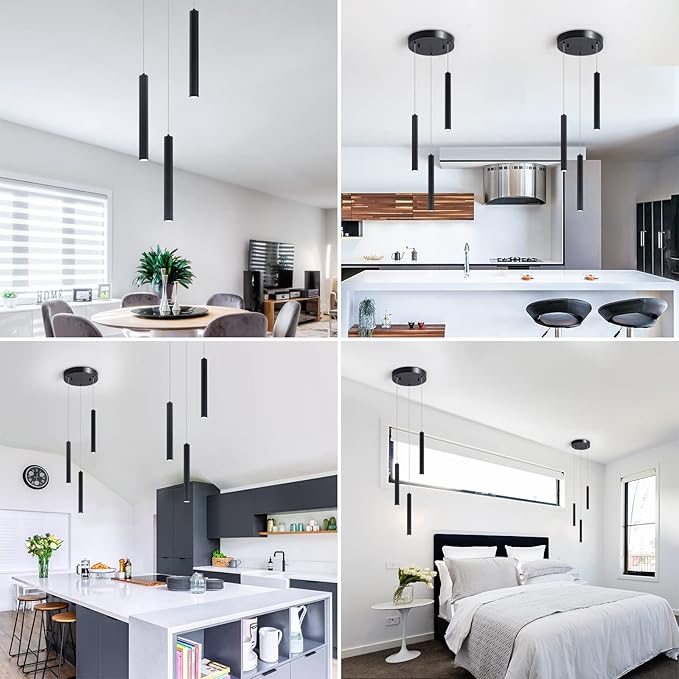 3-Light Modern Pendant Lights with Adjustable Height, Matte Black Finish Dimmable Hanging Light, 3000-6000K Pendant Lighting for Kitchen Island Dining Room (Black, 3-Light)