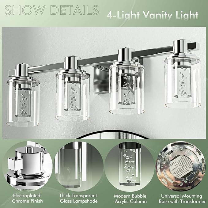 Quntis 4-Light Chrome Bathroom Vanity Light with 5 Color Modes, Dimmable Modern Bathroom Lighting Fixture Over Mirror, 28 Watts Eye Protection LED Wall Lamp 27 Inch (UL Certified, Bulbs Included)
