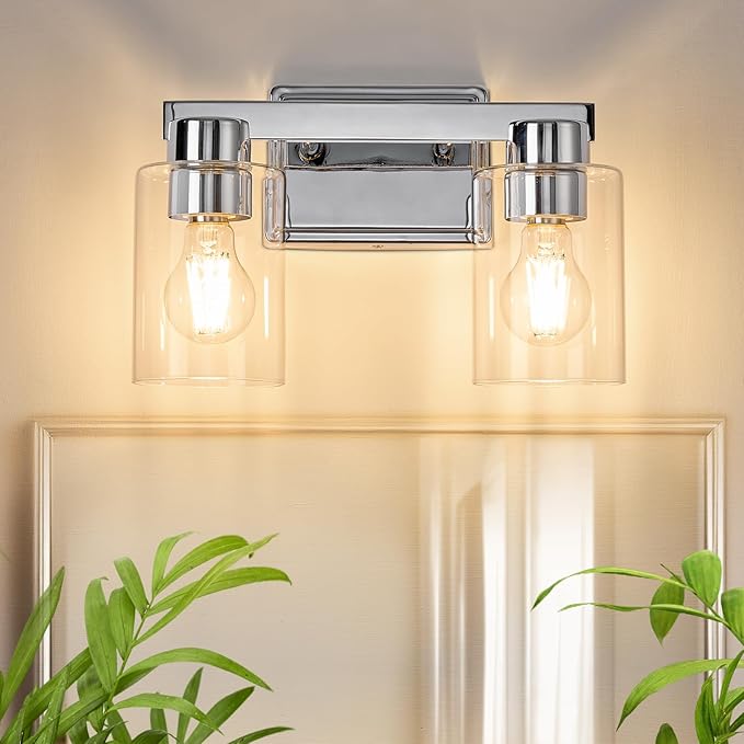 2-Light Bathroom Light Fixtures Modern Chrome Vanity Lights with Clear Glass Shade Wall Sconces Over Mirror for Bathroom, Powder Room, Living Room