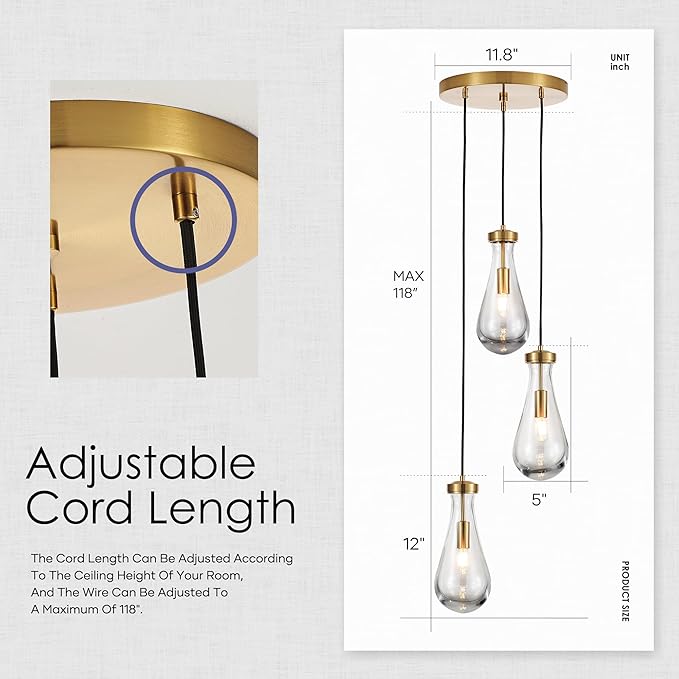 3-Light Raindrop Pendant Light Fixtures, Brass Glass Pendant Lighting, Teardrops Modern Hanging Light for Entryway Foyer Kitchen Island Dining Living Room Hallway