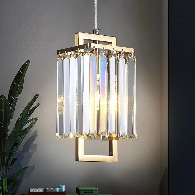 Modern Crystal Pendant Light Fixture 1-Light Gold Stainless Steel Hanging Lighting Crystal Chandelier for Kitchen Island Dining Room Bedroom, 1 Pack