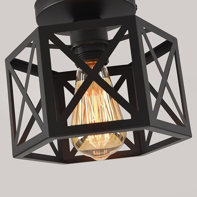 Black Flush Mount Ceiling Light,Hallway Light Ceiling Mount,Industrial Vintage Metal Cage Close to Ceiling Lights for Kitchen,Farmhouse,Bedroom