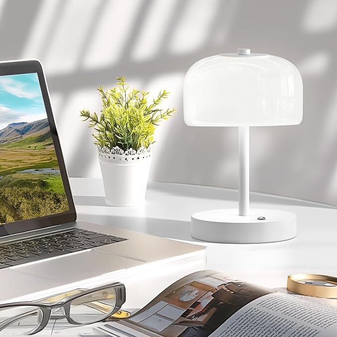 Oneach 9" Cordless LED Mushroom Table Lamp Touch 3 Way Dimmable Bedside Small Lamp Battery Operated Rechargeable Modern Nightstand Desk Lamp for Bedroom Living Room Restaurant White(2 Pack)