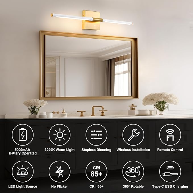 Morauroral 30 Inch White Gold Battery Operated Wall Sconces Set of 2, Dimmable Battery Wall Sconce with Remote Control, LED Rechargeable Sconces, Modern Wireless Wall Lights for Bedroom, Living Room