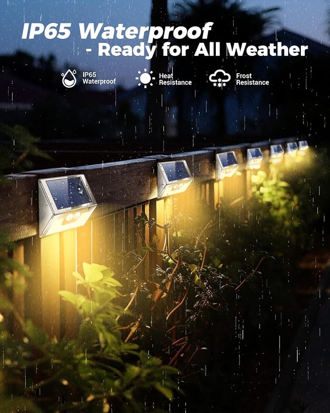 vighep 4 Pack Solar Lights Outdoor Motion Sensor, Waterproof Fence Lights 3 Lighting Mode, Warm White LED Outside Light Wireless for Fence Wall Yard Steps Stairs Garden -Stainless Steel