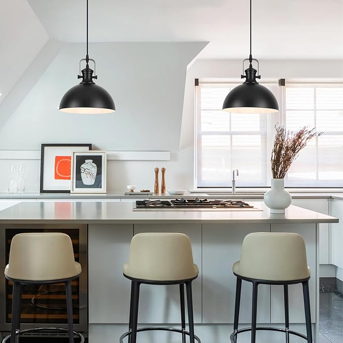 Black Pendant Lights 2 Pack, 9.8" Farmhouse Pendant Lights Kitchen Island, Modern Kitchen Island Lighting, Industrial Pendant Light, Island Lights for Kitchen Dining Room