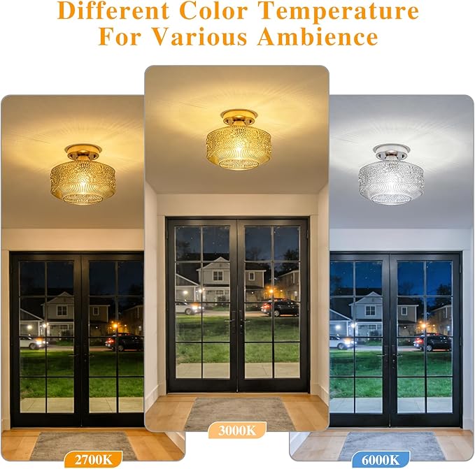 Semi Flush Mount Ceiling Light, 9 Inch Modern Small Ceiling Light Fixture with Green Thickened Glass & Stone Floral Pattern, Bronze Base for Hallway Kitchen Bedroom Hotel Cafe