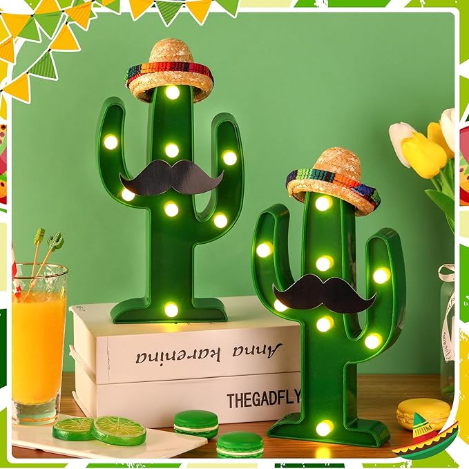 Fiesta Mexican Party Decoration LED Cactus Light with Mini Sombrero Straw Hats and Fake Beard Cinco De Mayo May 5th Table Decor Mexican Party Supplies for Fiesta Taco Table Room Bedroom Decor(24 Pcs)