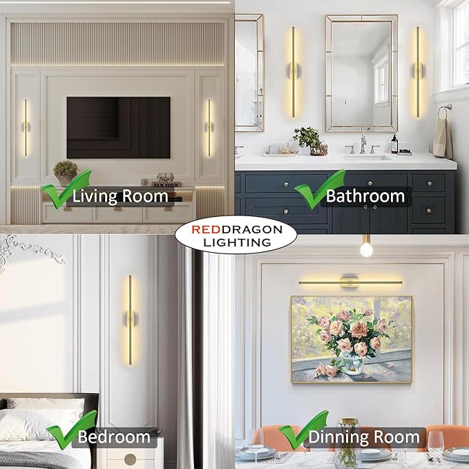 Set of 2 Battery Powered Linear Tube Rechargeable Gold Wall Sconce, Modern Decor Peel and Stick on Cordless Wall Sconces Picture Vanity Light for Living Dinning Room, Bathroom (2 Pack, 28.3'', Gold)