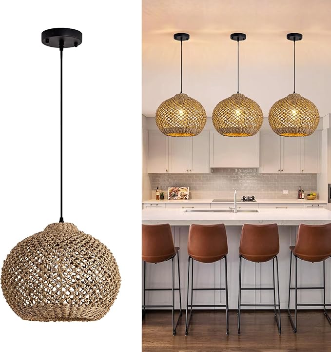 Farmhouse Rattan Pendant Lights 13.8" Wicker Hand-Woven Chandelier Rustic Round Seagrass Hanging Light Fixture for Kitchen Island Bedroom Hallway Entry Living Room Dining Coffee Bar