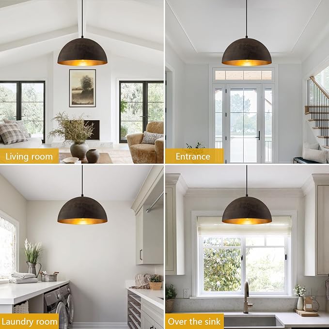 11.8" Farmhouse Pendant Light,Black with Brown Grain Industrial Dome Chandelier,Adjustable Vintage Pendant Lights Kitchen Island for Dining Room,Bedroom,Hallway