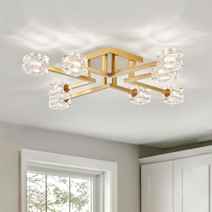 XINGQI Gold Modern Sputnik Chandelier Farmhouse Ceiling 8 Lights Industry Semi Flush Mount Ceiling Light Fixture, Mid Century for Dining Room, Farmhouse Kitchen, Bedroom, Office