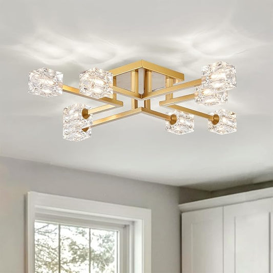 XINGQI Gold Modern Sputnik Chandelier Farmhouse Ceiling 8 Lights Industry Semi Flush Mount Ceiling Light Fixture, Mid Century for Dining Room, Farmhouse Kitchen, Bedroom, Office