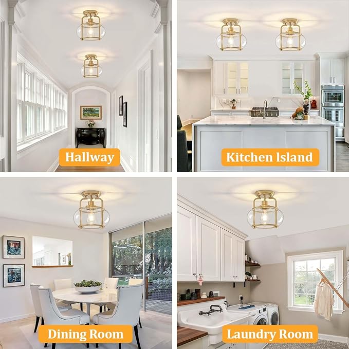 TOULMJ Semi Flush Mount Ceiling Light, Gold Ceiling Light Fixture with Drum Glass Shade, Modern Hallway Light Fixture for Kitchen Dining Room Foyer Entryway Bedroom Laundry Room Bathroom