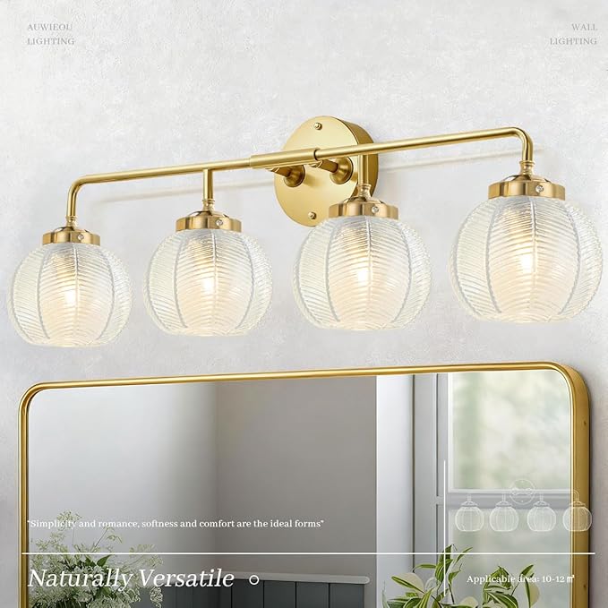 4 Light Gold Vanity Lights with Clear Glass Shades, Vintage Bathroom Vanity Lighting Over Mirror, Modern Wall Sconce Bathroom Wall Light Fixture Wall lamp for Living Room Bedroom