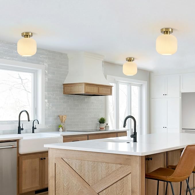 BOKT Modern Ceiling Light Brushed Brass Milk White Ribbed Glass Pendant Light Gold Semi Flush Mount Nursery Light Fixture 7.9" for Hallway, Entrance, Schoolhouse