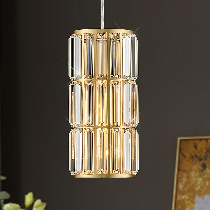 Gold Crystal Pendant Light for Kitchen Island, Mini Hanging Light Fixture with K9 Prism Crystals, 1-Light Modern Ceiling Pendant in Brass Finish for Dining Room, Bedroom, Bathroom, Bar E26