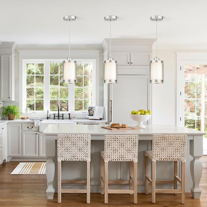 Brushed Nickel Pendant Lights Kitchen Island 3 Pack, Modern Kitchen Pendant Lighting Over Island with Milk Glass, Farmhouse Mini Hanging Light for Sink Dining Room, OS-3014-3PBN