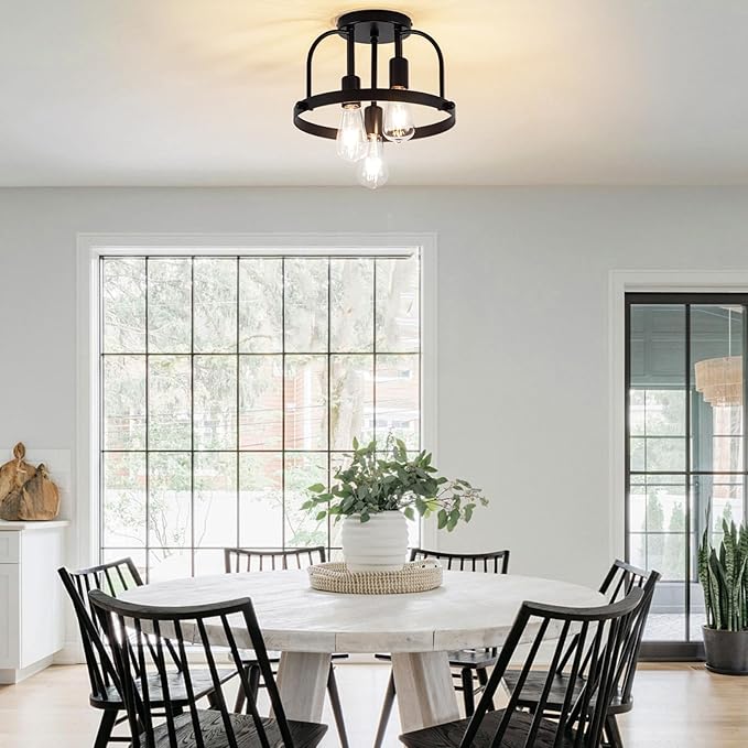 3 Light Industrial Ceiling Light Black Semi Flush Mount Lights Close to Ceiling Light Fixtures,cage Design Farmhouse Ceiling Lighting for Kitchen Bedroom Bathroom Foyer Hallway (E26, 1Pack)