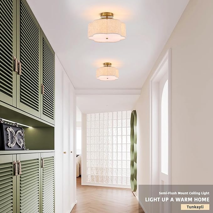 13.78" Semi Flush Mount Ceiling Light Modern 3-Lights Gold Drum Ceiling Light Fixture with Fabric Linen Shade, Vintage Modern Ceiling Lighting for Laundry Room, Kitchen, Basement, Bedroom