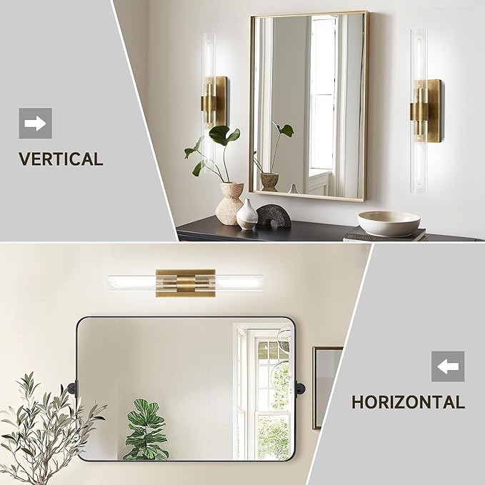 Brass and Glass Wall Sconces, 22.8" Vanity Lights for Bathroom 2 Lights, Horizontal or Vertical Linear Gold Wall Lamp, Indoor Sconces Wall Lighting, Tube Sconce for Living Room, Hallway