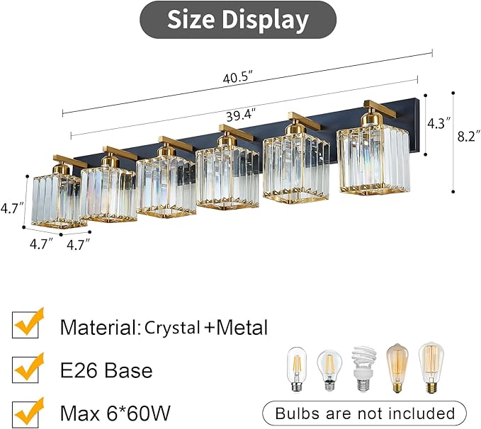 Modern Crystal Bathroom Vanity Light 6-Lights Modern Black Gold Crystal Bathroom Wall Light Over Mirror Vanity Light Fixtures