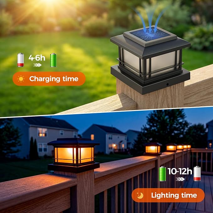 JOFIOS Flickering Flame Solar Post Cap Lights Outdoor, Black Post Lights with 3 Color Temperature, Fits 3.5" 4" 4.5" 5" Wood/Vinyl Posts, IP64 Waterproof Fence Deck Lights for Garden Patio Yard 8 Pack