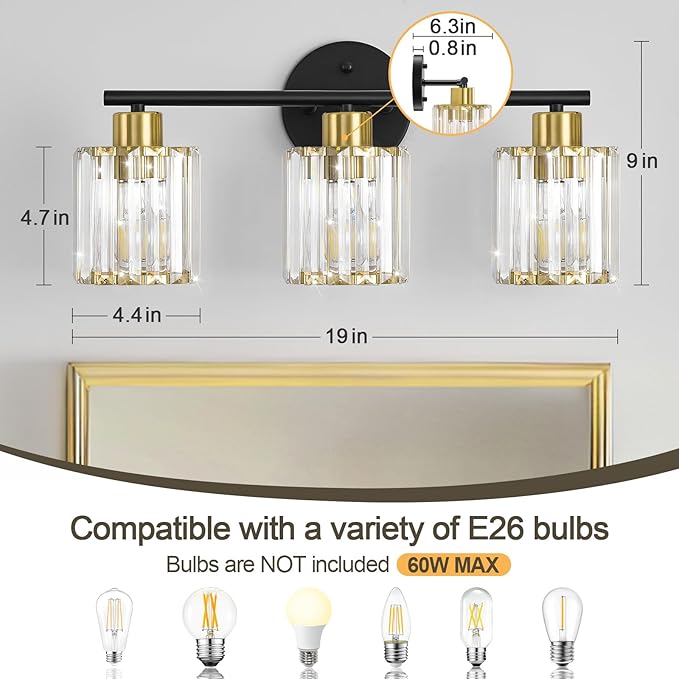 Crystal Bathroom Light Fixtures, Bathroom Lighting Fixtures Over Mirror, Modern Black Gold 3-Light Vanity Lights for Mirror, Restroom, Bedroom (Ceramic E26 Socket,Bulbs Not Include)