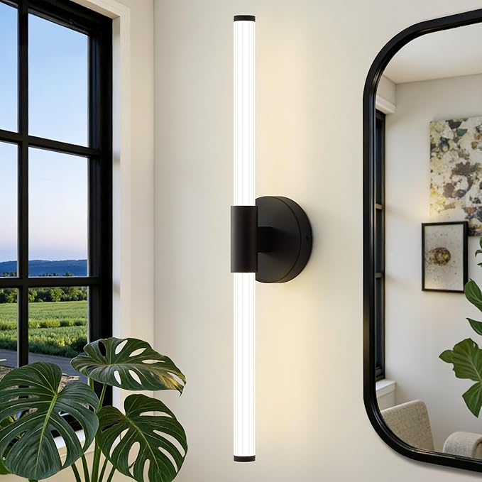 Dimmable LED Bathroom Vanity Lights 360° Full Lighting Bathroom Light Fixtures Over Mirror Vanity Light Bar Modern Wall Sconce 4000K Natural White Light for Home Hardwired, Black, 24 inch
