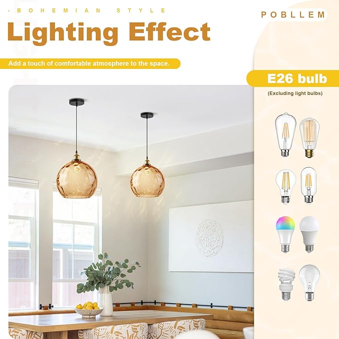 Vintage Amber Pendant Lighting, 13.8" Large Glass Pendant Light with Hammered Globe Shade, Modern Farmhouse Black and Gold Pendant Hanging Light Fixture for Kitchen Island Dining Room Bedroom