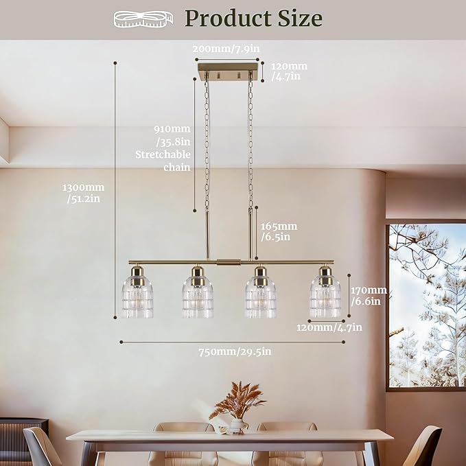 FRIXCHUR Gold Kitchen Island Lighting, 4-Lights Linear Chandelier Pendant Light with Clear Glass Shade, Height Adjustable Industrial Chandelier Pendant Light for Kitchen Island Dining Room