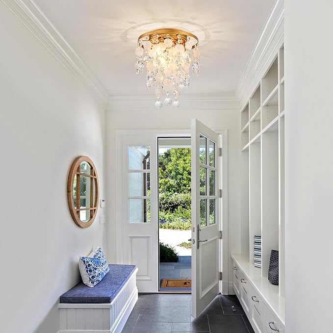 D11 inch Capiz Shell Crystal Ceiling Light, 3-Light Coastal Design Flushmount Close to Ceiling Light Fixture for Foyer, Hallway, Bedroom, D11 x H13 inch, Shell & Crystal & Copper Finish Frame