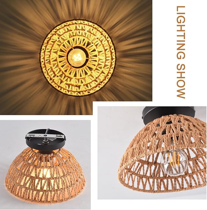 2 Pack 10.2" H Farmhouse Fixtures Ceiling Mount, Brown Rattan Boho Semi Flush Mount Ceiling Light,Hand Woven Hallway Light Fixtures for Bedroom Entryway