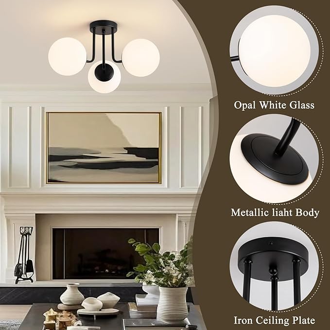 Modern Semi Flush Mount Ceiling Light, 3-Light Glass Globe Ceiling Light Fixture, Matte Black Mid Century Sputnik Chandelier for Living Room, Bedroom, Hallway, Kitchen (Blub Included)